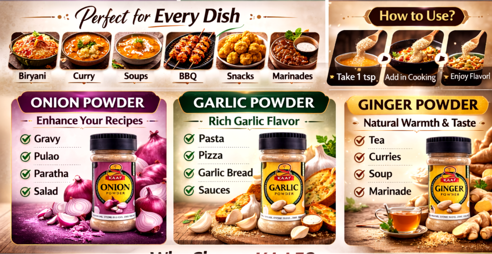Premium onion powder, garlic powder, and ginger powder seasoning spices for cooking – perfect for biryani, curry, soups, BBQ, marinades, and everyday kitchen use.