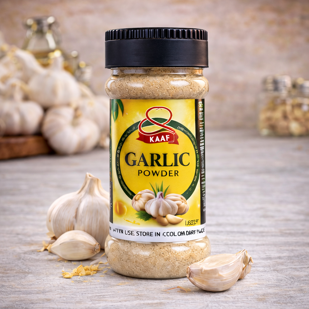 Garlic powder jar with fresh garlic cloves on wooden table kitchen background