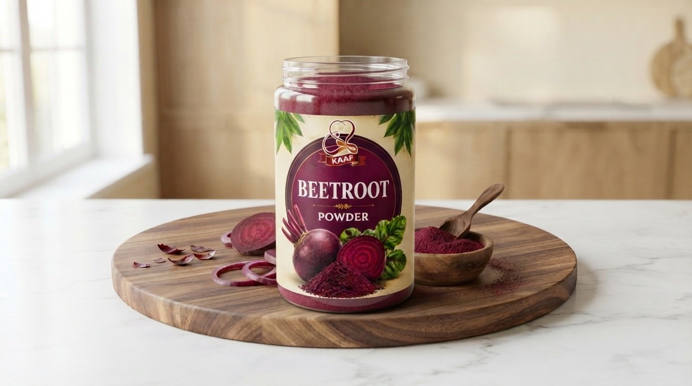 Kaaf Foods™ premium beetroot powder jar