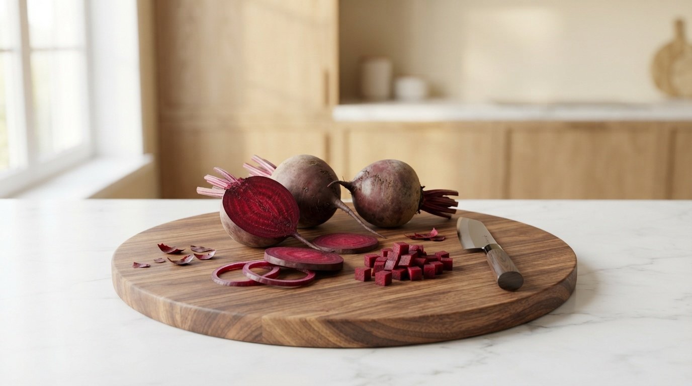 Fresh beetroot being prepared on a wooden board