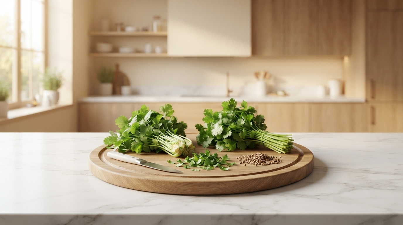 Fresh coriander leaves being prepared on a wooden board