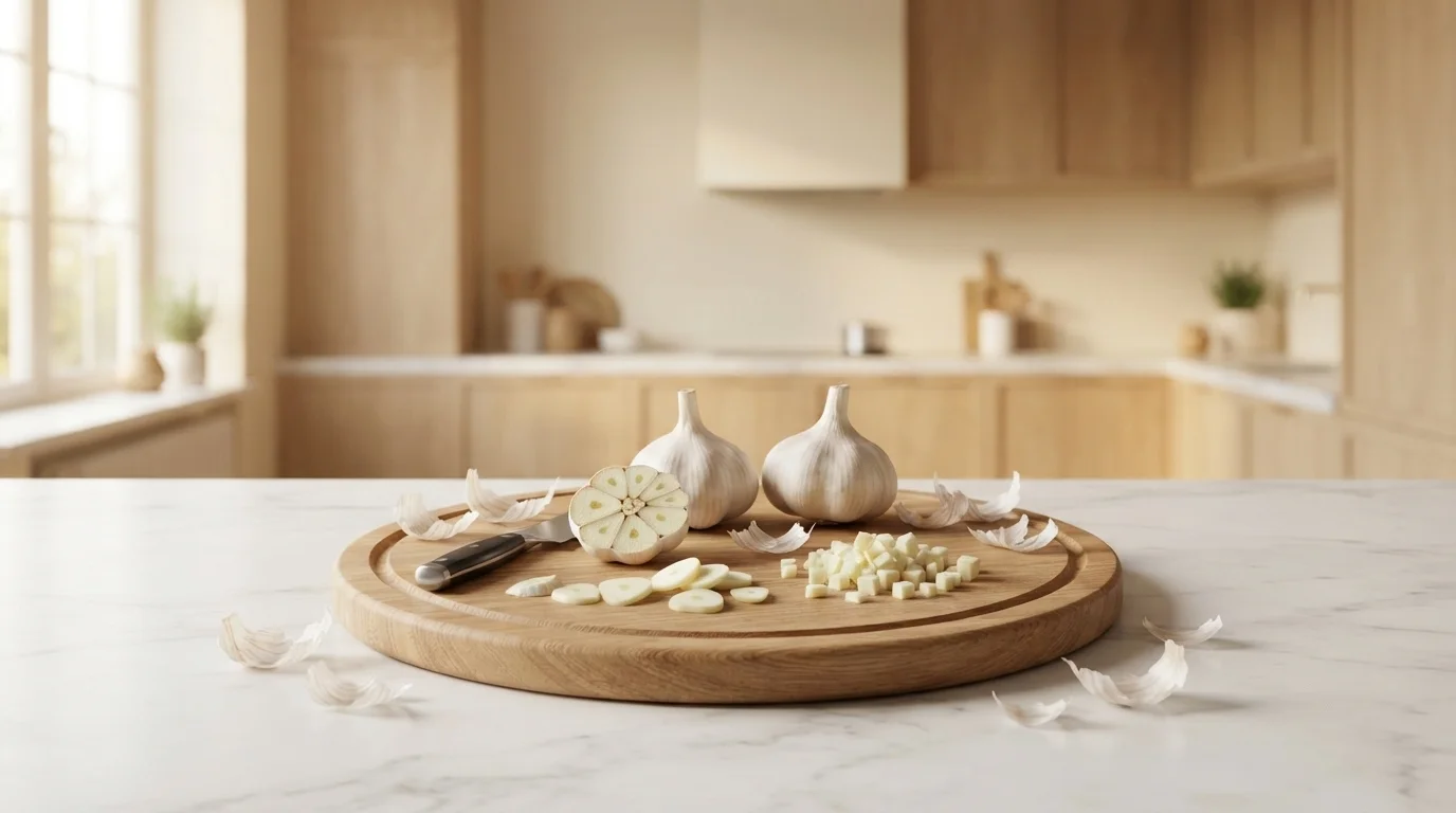 Fresh garlic being prepared on a wooden board