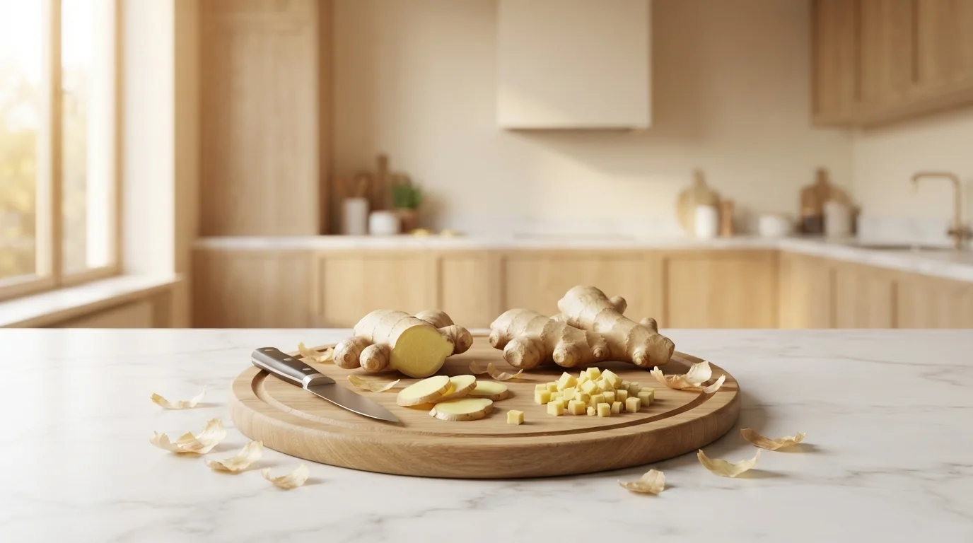 Fresh ginger being prepared on a wooden board