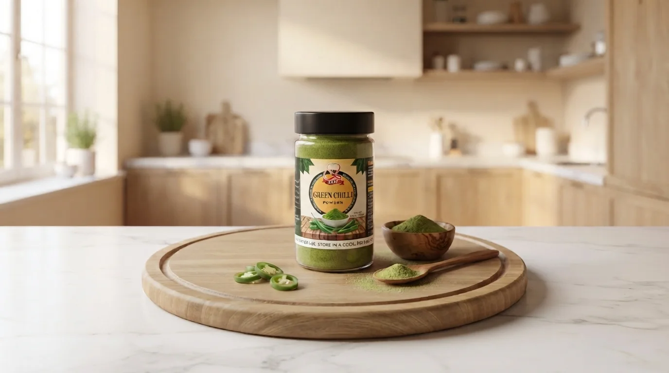 Kaaf Foods™ premium green chilli powder jar