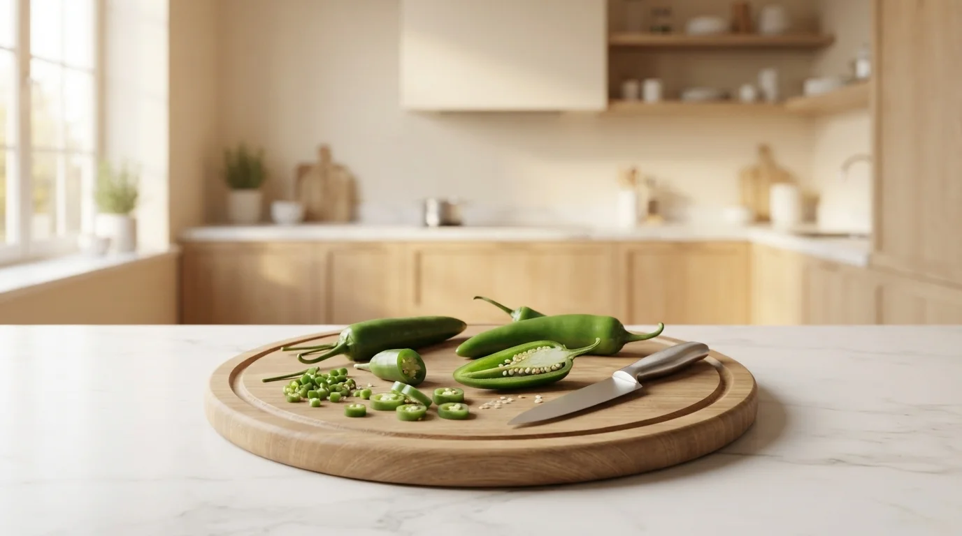 Fresh green chillies being prepared on a wooden board
