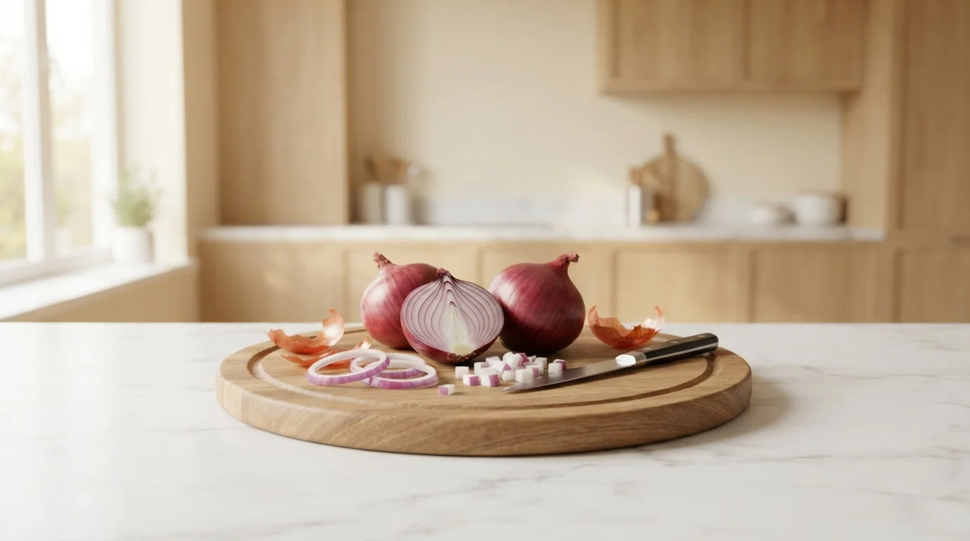 Fresh onions being prepared on a wooden board