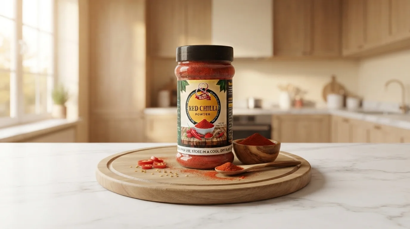 Kaaf Foods™ premium red chilli powder jar