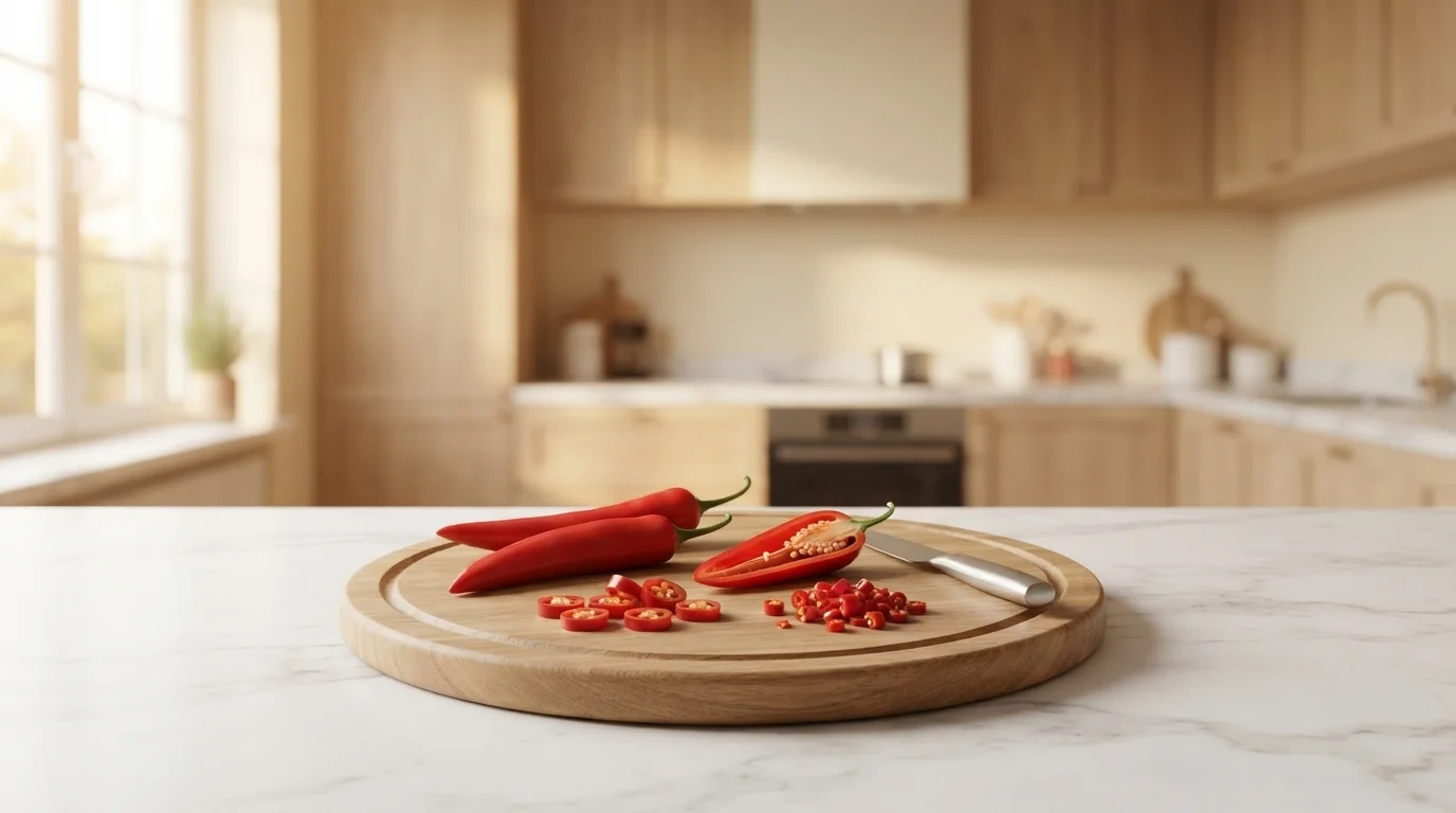Fresh red chillies being prepared on a wooden board