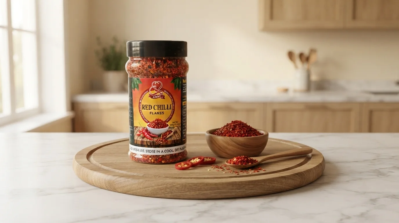 Kaaf Foods™ premium red chilli flakes jar
