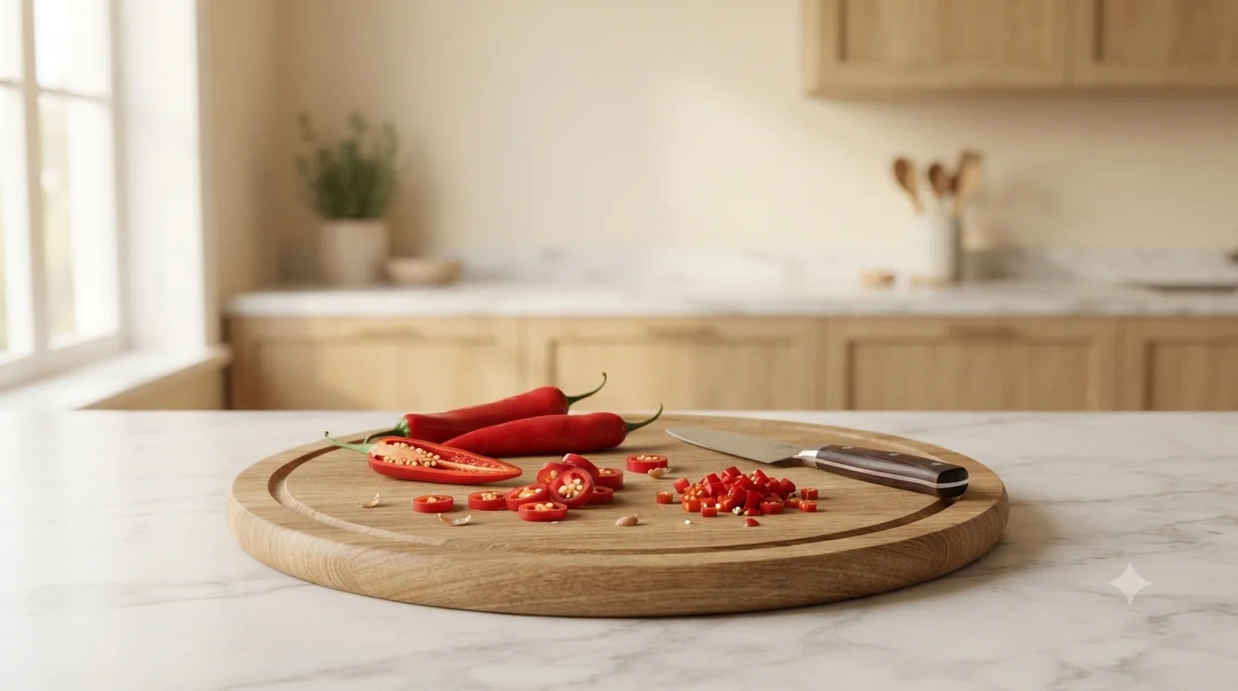 Fresh red chillies being prepared on a wooden board