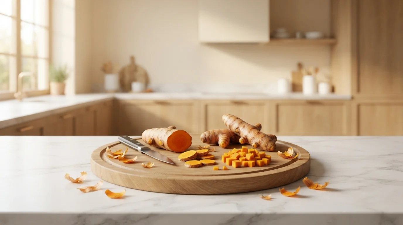Fresh turmeric being prepared on a wooden board